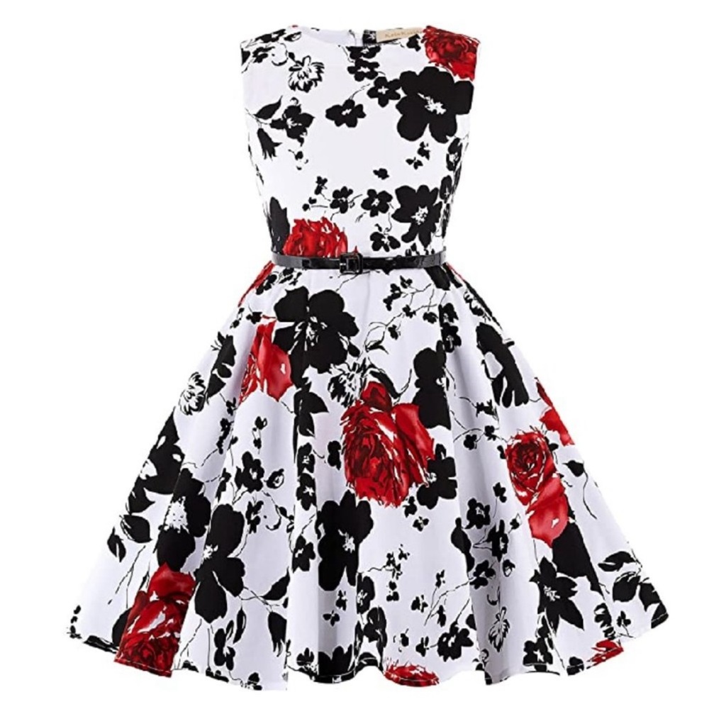 Girl's Kate Kasin Vintage Rose Floral Pinup Sleeveless Party Dress - 11/12